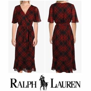 New Ralph Lauren red and black Oleander chiffon plaid women’s dress